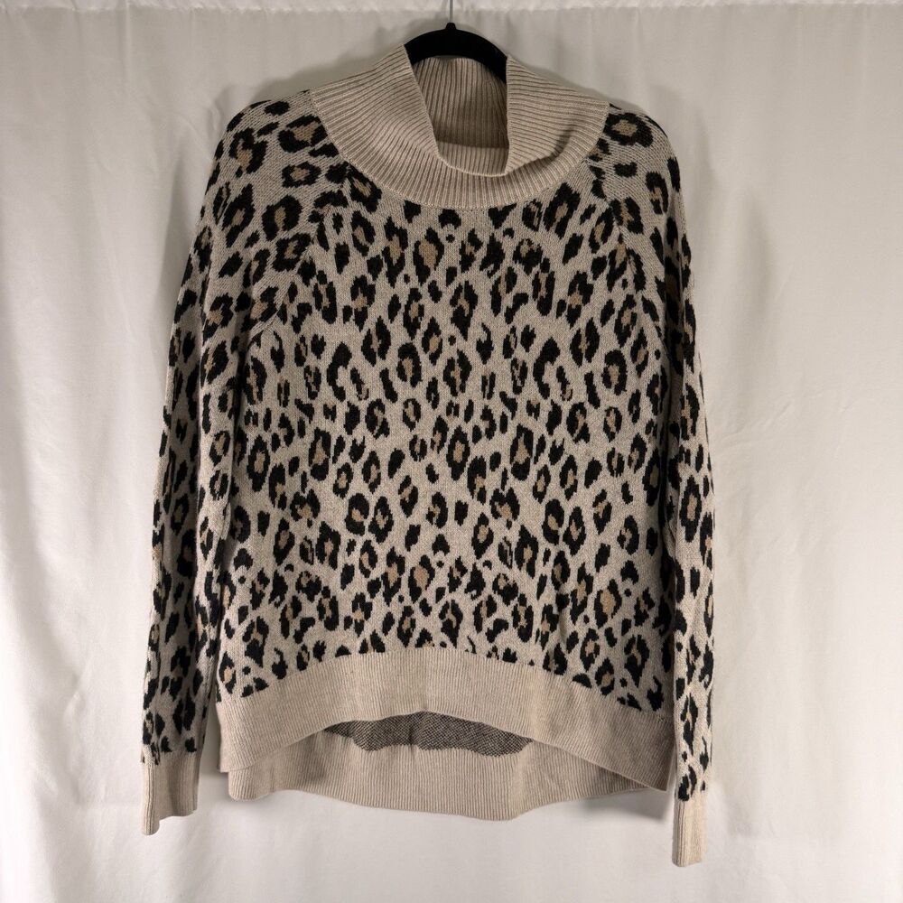 LOFT Lepard Print Sweater Womens Large Brown Turtleneck Pullover Knit Wool Blend